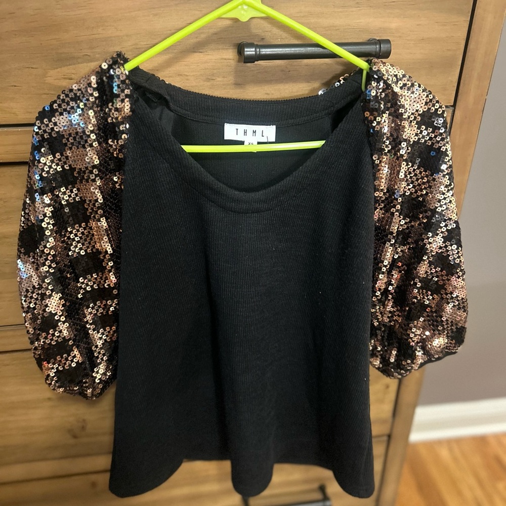 THML Black short sleeve sweater with Sequin Sleeves women’s size XS